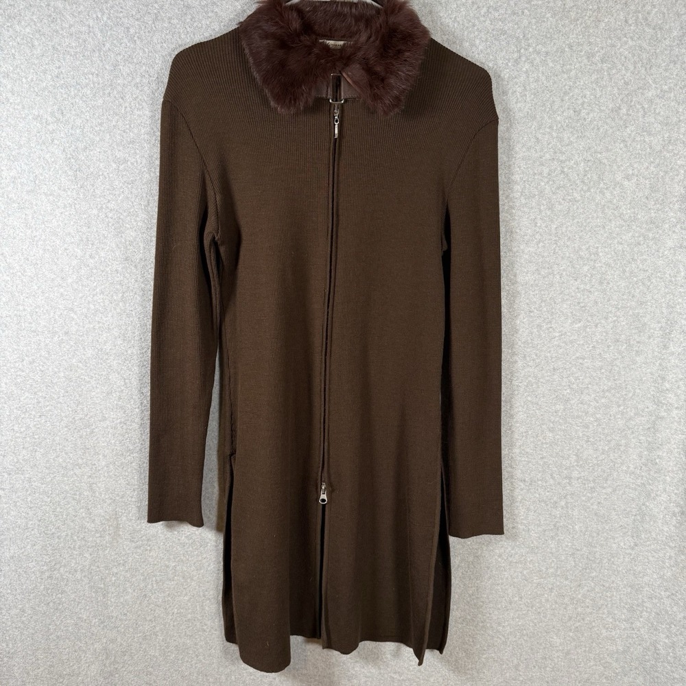 Roman wool zip cardigan womens XS brown stretchy faux fur collar ribbed sweater